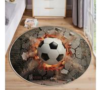 Tapis Rond Un Ballon De Football Traverse Un Mur De Briques Pour Chambre à Coucher, Effet D'Explosion 3D Brisant Les Murs Tapis Rond Antidérapant Poils Ras Et Doux Pour Chambre à Coucher Salon 180cm