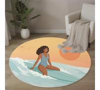 Tapis Rond Vagues De L'Océan Fille Surfeuse Pour Chambre à Coucher, Style Dessin Animé Rétro Tapis Rond Antidérapant Poils Ras Et Doux Pour Chambre à Coucher Cuisine Salon Maison (100cm, Rose )