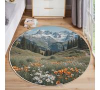 Tapis Rond Vert 90cm, Tapis de Sol Imprimé Montagnes Fleurs Sauvages Antidérapant Doux, Paysages Réalistes Naturels Décoration pour Salon Chambre Cuisine et Salle à Manger Zone d’étude