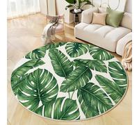 Tapis Rond Vert pour Interieur, Tapis Imprimé Feuilles De Monstera Lavable et Antidérapant Aquarelle Plantes Tropicales, Facile à Entretenir pour Salon Chambre à Coucher Cheminée 150cm
