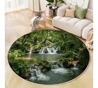 Tapis Rond Vert pour Interieur, Tapis Imprimé Forêt Cascade Lavable et Antidérapant Paysages Réalistes Naturels, Facile à Entretenir pour Salon Chambre à Coucher Cheminée 60cm