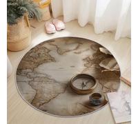 Tapis rond vintage avec motif carte du monde - 245 cm - Lavable - Antidérapant - Doux - Pour salle à manger - En flanelle imprimée - Pour chambre à coucher, salon, bureau, salle de jeux - Marron