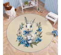 Tapis Rond Vintage Rustique Antidérapant à Poils Courts - Tapis Lapin Blanc, Feuilles Vertes, Floral, Aquarelle Lavable Garçons Filles pour Salon Chambre Salle à Manger Nursery Dortoir Enfants 80 cm