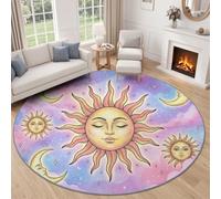 Tapis Rond Vintage Soleil Croissant pour Salon 60 cm, Rose Violet Céleste Bohème Lavable Antidérapant Tapis Et Doux À Poils Courts Convient À Chambre, Bureau, Salle À Manger Et Chambre D’Enfant