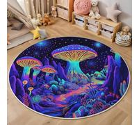 Tapis Rond Violet 150cm, Tapis de Sol Imprimé Forêt Champignons Étoiles Antidérapant Doux, Art Botanique Psychédélique Décoration pour Salon Chambre Cuisine et Salle à Manger Zone d’étude