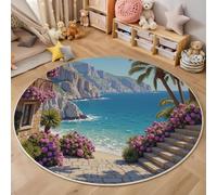 Tapis Rond Violet Diamètre 160cm, Tapis de Sol Style Vacances À La Campagne Décoration Antidérapant imprimé Littoral Fleurs, pour Salon Chambre Cuisine Salle à Manger Intérieur