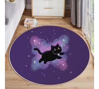 Tapis Rond Violet Profond 160cm Tapis de Sol à Poils Courts Papillon Chat Noir Doux et Antidérapant Carpette Chat Mystérieux L'Espace 0.6 cm Moquette pour Salon, Chambre d'enfant ou Bureau Décoration