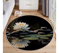 Tapis Rond Zen Tranquillité, Tapis de Sol Noir Imprimé Fleurs De Lotus Cailloux Antidérapant Lavable, Doux et Moelleux Interieur Carpette, pour Chambre Salon Cuisine Couloir Balcon 160cm