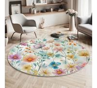 Tapis Rond180 Cm, Tapis Fleurs Sauvages À L'Aquarelle Plantes Rustiques Lavable Machine Pour Salon - Antidérapant Moquette Chaleureux Guérisseur Pour Salle Manger Chambre Nurserie, Beige Cyan