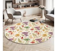 Tapis Rond80 Cm, Tapis Champignons Et Feuilles À L'Aquarelle Plantes Mignonnes Lavable Machine Pour Salon - Antidérapant Moquette Chaleureux Guérisseur Pour Salle Manger Chambre Nurserie, Beige