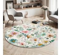 Tapis Rond80 Cm, Tapis Fleurs Printanières À L'Aquarelle Plantes Naturelles Lavable Machine Pour Salon - Antidérapant Moquette Chaleureux Guérisseur Pour Salle Manger Chambre Nurserie, Turquoise