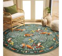 Tapis Ronde,Motif botanique Moderne de Fleurs et d'animaux des Bois, Vert, ø 90 cm, Tapis Poils Courts, Facile à Nettoyer, Salon Chambre Entrée Salle Couloir,