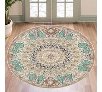 Tapis Ronde, Vintage Beige à Motif Floral Oriental Classique, Vert et Jaune, ø 130 cm, Tapis Poils Ras Decoratif pour Fauteuil Pouf Salon Moderne Chambre Adulte ou Ado