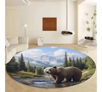 Tapis Ronds 90 cm Tapis, Peinture Animalière Montagnes d'ours Tapis Décoratifs Imprimés, Ruisseau de Pins Tapis Ronds Antidérapants, Tapis Lavables Ronds pour Salon, Chambre