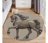 Tapis Ronds Cheval De Guerre Caparaçonné Relief, Tapis Rond Animal Sculpté Classique Antidérapant Doux Rugs Chambre, Lavable Rug De Salon, pour Bureau L'intérieur 80cm