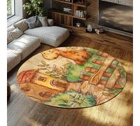 Tapis Ronds de Ferme dessinés à la Main Chalet de Campagne Mignon Animal Art Pépinière d’appoint Lavable à Poils Ras Cercle Tapis pour Chambre à Coucher de Ferme 150cm