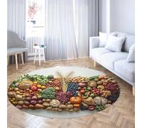 Tapis Ronds de Style campagnard 200cm Harvest Feast Fruits Frais Légumes Pain Blé Imprimer Mince Cercle Tapis pour Ferme Salle à Manger Cuisine