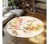 Tapis Ronds de Style Chinois 100cm élégant Motif Fleur de pêcher Tapis Circulaire Lavable en Machine pour buanderie Salle à Manger Sol antidérapant