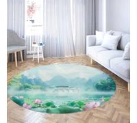 Tapis Ronds de Style Chinois 110cm Lotus étang Paysage Lavable Antidérapant Doux Faible Pou Jeté Cercle Tapis pour Salle de Conférence Salle à Manger