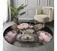 Tapis Ronds Gris Rosé Lapin Pivoine 60Cm Rugs Lavable Antidérapant À Poils Courts Doux Animaux-Fleurs pour Chambres Cuisine Balcon Terrasse Ntérieur Salles À Manger