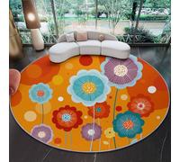 Tapis Ronds Lavables 180 cm, Fleurs Rétro De Dessin Animé Et Colorées Tapis Rond Antidérapant pour sous Table à Manger, Orange pour Chambre Cuisine Balcon Terrasse Salle à Manger Intérieur Extérieur