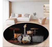Tapis Ronds Lavables 180 cm, Rétro Guitare Stéréo Batterie Thème Tapis Rond Antidérapant pour Salon, Noir Rugs à Poils Courts Doux pour sous Table à Manger