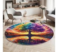 Tapis Ronds Orange-Bleu Arbre du Lac Aurora 120Cm Rugs Lavable Antidérapant À Poils Courts Doux Plantes Colorées pour Chambres Cuisine Balcon Terrasse Ntérieur Salles À Manger