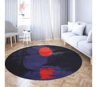 Tapis Ronds Red Moon River 120cm - Paysage de forêt Imprimer Lavable Tapis Cercle à Poils Ras pour Chambre Salon Salle à Manger Foyer