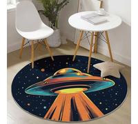 Tapis Ronds Salon 120 cm, Dessin Animé Galaxie Vaisseau Spatial Tapis Rond de Sol Décoratifs Antidérapant, Convient pour Chambre Cuisine Balcon Terrasse Salle à Manger Intérieur, Noir