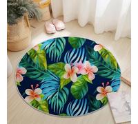 Tapis Ronds Salon 150 cm, Aquarelle Fleurs Tropicales Frangipanier Tapis Rond de Sol Décoratifs Antidérapant, Convient pour Chambre Cuisine Balcon Terrasse Salle à Manger Intérieur, Vert