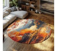Tapis ronds Salon Lavable en machine Poils ras Antidérapant Automne Chalet de montagne Lac Impression de réflexion Tapis de sol Résistant aux taches d’intérieur Ne perd pas de bleu orange 90cm