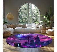 Tapis Ronds Violets Tapis de Sol Lavable Abstrait Ville Moderne Nuit Horizon Neon Cercle pour Chambre Salon Salle à Manger Bureau de Jeux Pièce Nuit d’Enfant Non mue 135cm
