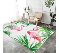Tapis Rose Vert Lavable Poils Ras, Aquarelle Animaux Flamant Rose Imprimé Tapis Doux antidérapant Flanelle Facile d’Entretien, pour Salon Chambre à Coucher 160 x 230 cm