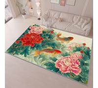 Tapis Rouge Vert Lavable Poils Ras, Oriental Fleurs De Pivoine Carpe Imprimé Tapis Doux antidérapant Flanelle Facile d’Entretien, pour Salon Chambre à Coucher 120 x 170 cm