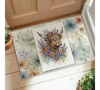 Tapis rustique à poils courts et doux - Résistant aux taches - Pour buanderie, salle de bain, porte d'entrée - 0,6 x 0,9 m - Motif vache des Highlands