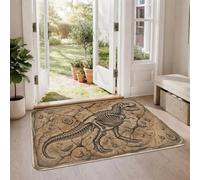 Tapis rustique avec illustration de fossiles de squelette de dinosaure, 0,6 | Fond de sol craquelé du désert, thème paléontologie, décoration d'histoire naturelle, palette de tons de terre rustique