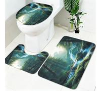 Tapis Salle de Bain 3 Pièces Cascade en forêt Antidérapant Doux Absorbant Vert Émeraude Ensemble Tapis WC et Housse Couvercle Toilette pour Douche et Baignoire