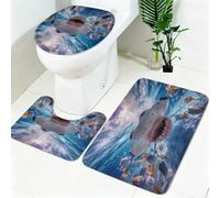 Tapis Salle de Bain 3 Pièces De Grands Requins et des bancs de Poissons Forme U, Ensemble Tapis WC Antidérapant, Housse Couvercle Toilette Bleu Lavable et Doux Absorbant