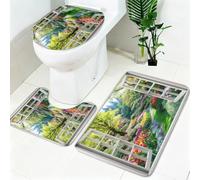 Tapis Salle de Bain 3 Pièces Paysages du Parc Antidérapant Doux Absorbant Vert Ensemble Tapis WC et Housse Couvercle Toilette pour Douche et Baignoire