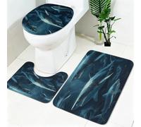 Tapis Salle de Bain 3 Pièces Requins océaniques Antidérapant et Lavable Bleu Marine Tapis de Bain, Tapis de Sol, Housse de Couvercle WC pour Salle de Bain et Toilettes