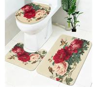 Tapis Salle de Bain 3 Pièces Roses Rouges et Oiseaux Antidérapant Doux Absorbant Rouge Ensemble Tapis WC et Housse Couvercle Toilette pour Douche et Baignoire