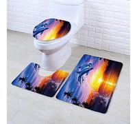 Tapis Salle de Bain Dauphin Soleil Orange Tapis WC Antidérapant Toilette WC Contour Mousse à Mémoire de Forme Couverture de Toilette 3 pièces Absorbant Lavable Douche 45x75 cm