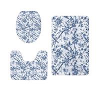 Tapis Salle de Bain Oiseau Bleu Rétro Tapis Toilette WC Contour Mousse Mémoire Antiderapant Séchage Rapide Lavable Couvercle pour Abattant WC 3 Pièces Décoration Maison 50x80 cm