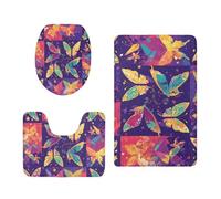 Tapis Salle de Bain Papillon Vert Jaune Tapis Toilette WC Contour Mousse Mémoire Antiderapant Séchage Rapide Lavable Couvercle pour Abattant WC 3 Pièces Décoration Maison 50x80 cm