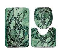 Tapis Salle De Bain Poulpe Vert Ensemble De 3 Pièces Antidérapant Absorbant Tapis Toilette Lavable en Machine en Microfibre Tapis WC pour De Salle De Bain Toilette WC