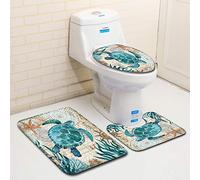 Tapis Salle De Bain Tortue De Mer Sarcelle Ensemble De 3 Pièces Antidérapant Absorbant Tapis Toilette Lavable en Machine en Microfibre Tapis WC pour De Salle De Bain Toilette WC