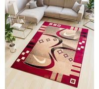 Tapis Salle de séjour Chambre à coucher Modernes Design Carrés Rayures Boomerang Rouge Beige Noir Bordures Chiné Oekotex 80 x 150 cm