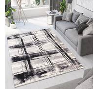Tapis Salle de séjour Chambre à coucher Modernes Design Écru Noir Crème Chiné Rayures Carreaux Cuisine Salle à manger OEKOTEX 180 x 250 cm