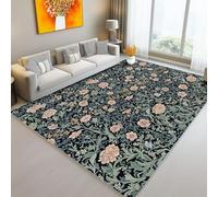 Tapis Salon 100 X 150 Cm Style William Morris Fleurs Vignes Lavable en Machine Tapis Chambre De Salon Antidérapant Noir Rose Doux Descente De Lit Antidérapant Decoration Chambrel Manger