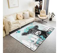 Tapis Salon 100x150cm Bull Bovin,Tapis Chambre Daisy Floral Papillon Rustique,Tapis Sol Farmhouse Farm Country Longhorn Highland Vache Tableau en Bois Animaux Occidentaux Peinture À l'huile Ombre